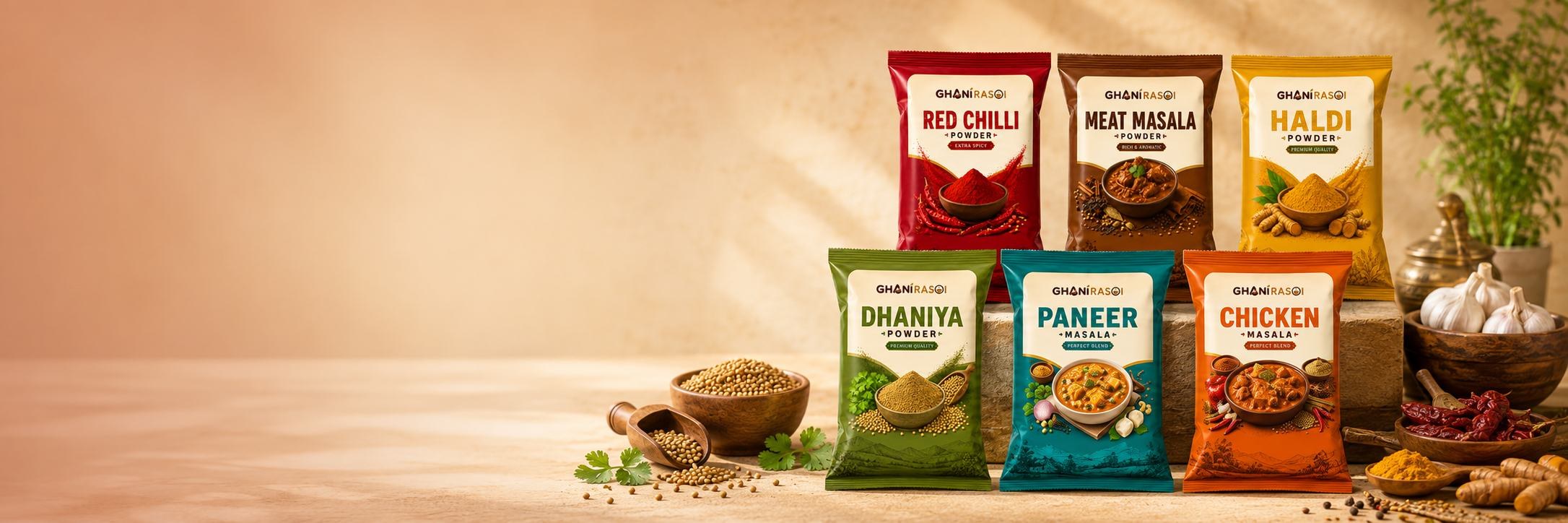 The six Ghani Rasoi masala pouches arranged on a stone counter with garlic, coriander seeds, dried chillies and turmeric